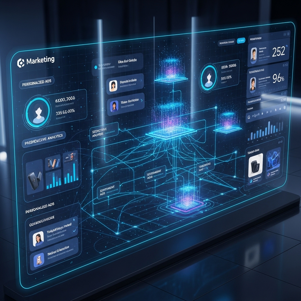 A dynamic marketing dashboard with AI algorithms, personalized ads, and user profiles connected by glowing lines. Futuristic theme with neon accents and a sense of connectivity.