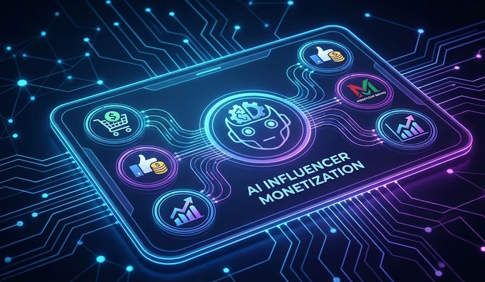 L'Influence Digitale au Maroc en 2026 : Entre Stars Humaines et Révolution des Influenceuses IA Visualisation conceptuelle des multiples flux de revenus générés par une AI Influencer